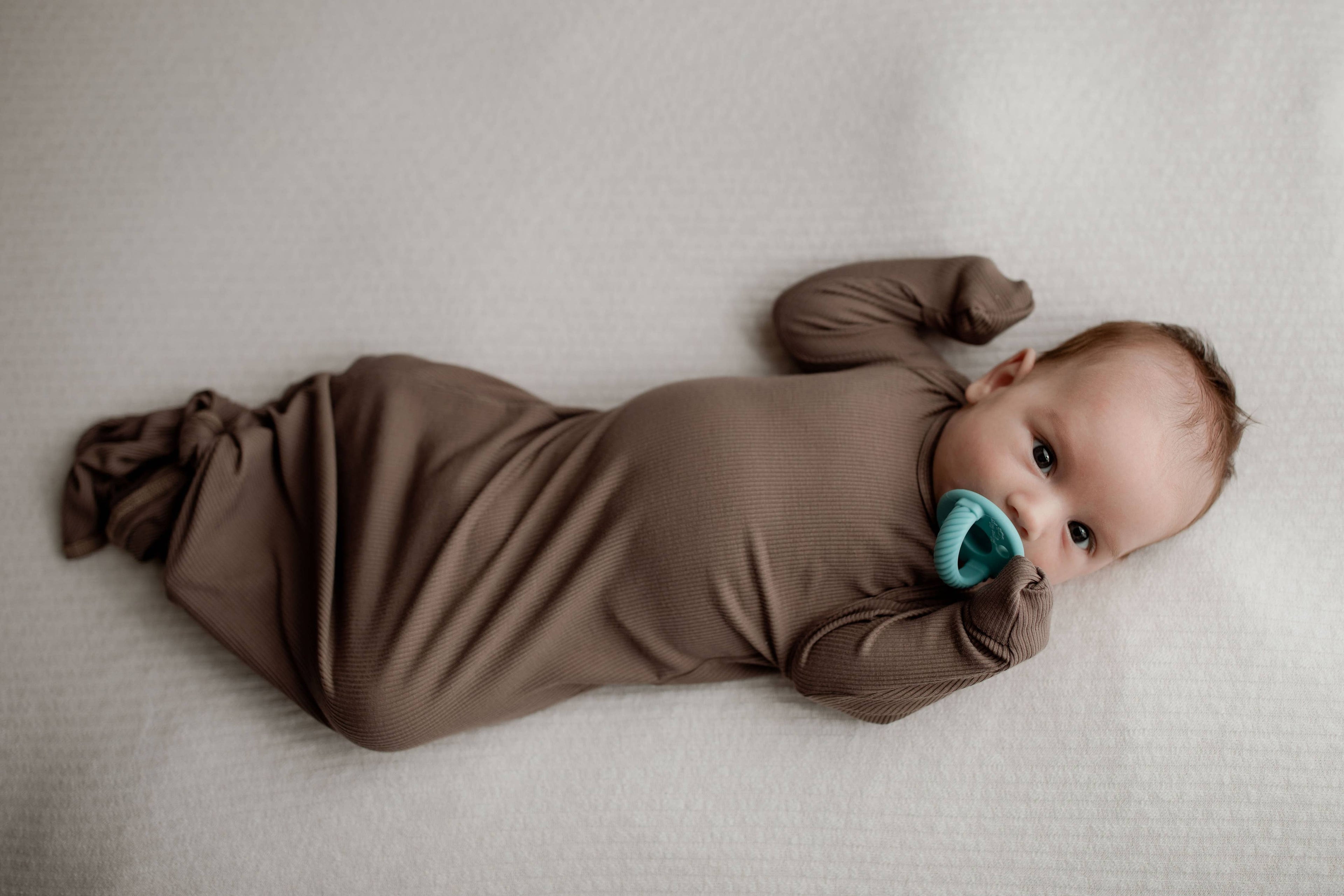 Three Little Tots - Cocoa Brown Ribbed Knotted Newborn Baby Gown sleepwear