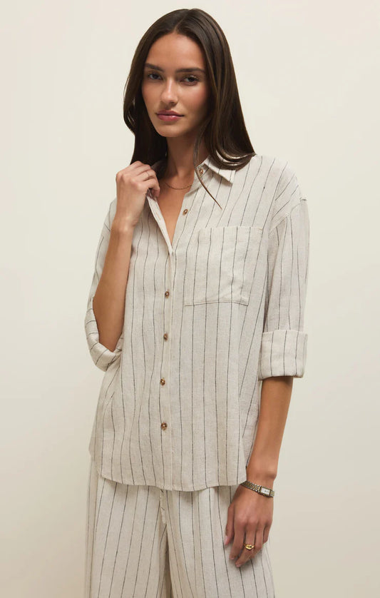 Z Supply Alfie Linen Striped Button Up Top