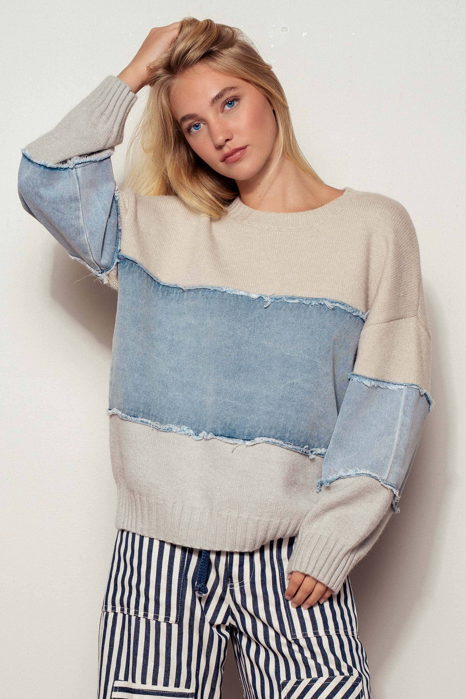 Urban Daizy - Colorblock Distressed Denim Patchwork Knit Sweater