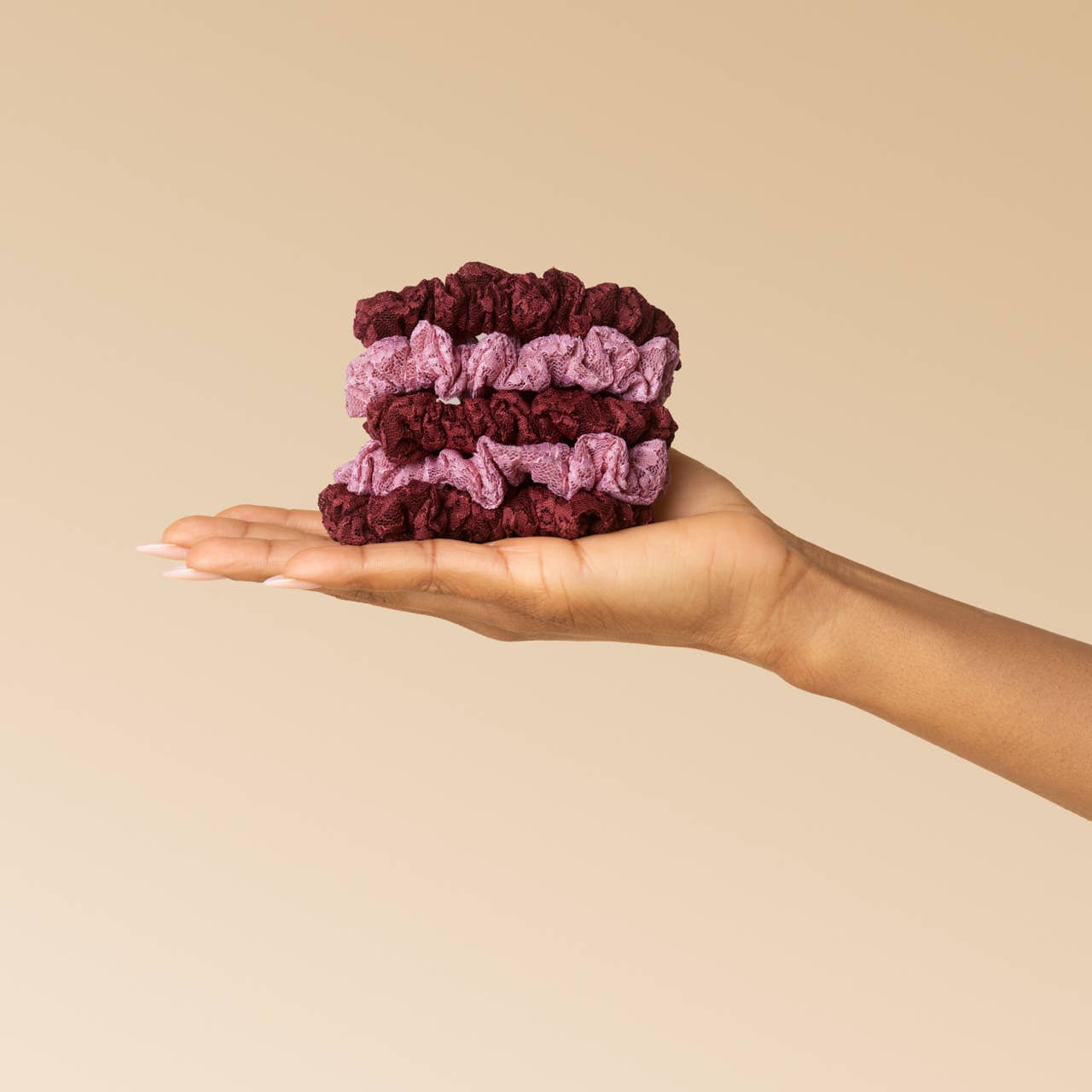 KITSCH - Ruched Lace Scrunchies 5pc Set - Cherry Lacquer & Dusty Pink