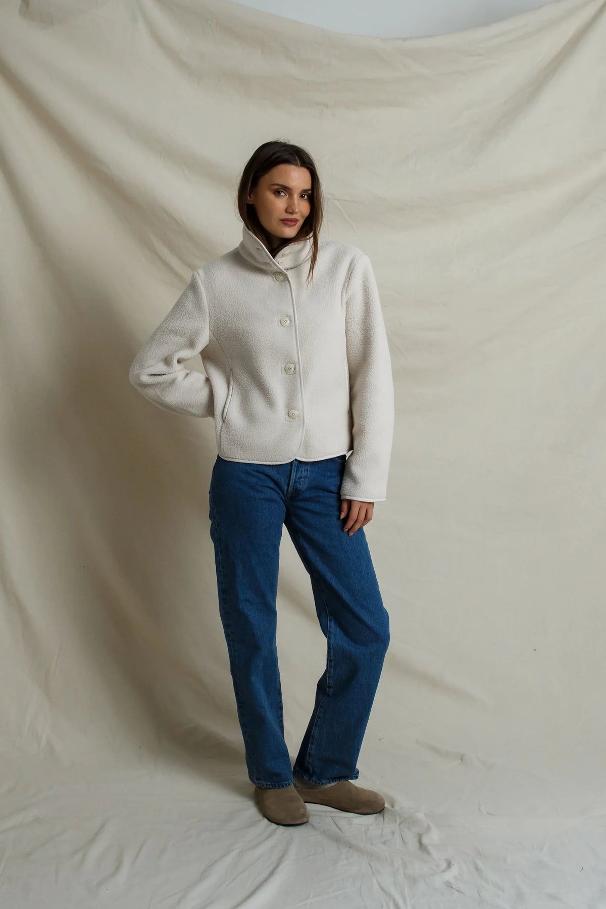 perfectwhitetee - tara sherpa button front jacket - sugar