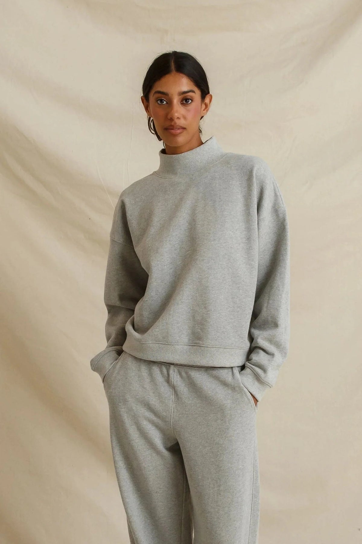 perfectwhitetee - Delaney French Terry Mock Neck Sweatshirt - Heather Grey