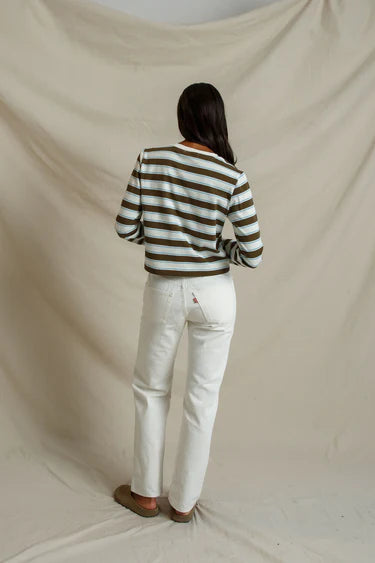 perfectwhitetee - veya cotton rugby stripe long sleeve tee - olive stripe
