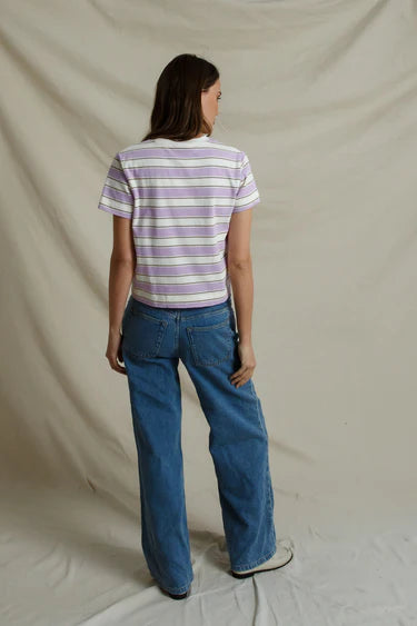 perfectwhitetee - gia cotton short sleeve rugby crew tee - ultraviolet stripe