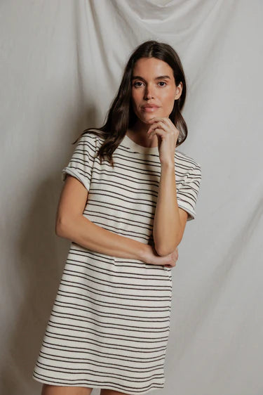 perfectwhitetee - nella loop terry stripe dress - natural / chocolate