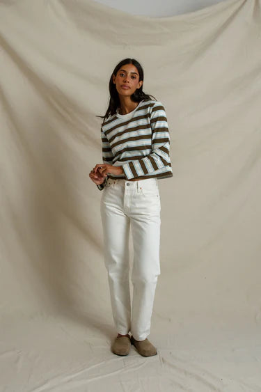 perfectwhitetee - veya cotton rugby stripe long sleeve tee - olive stripe