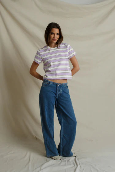 perfectwhitetee - gia cotton short sleeve rugby crew tee - ultraviolet stripe