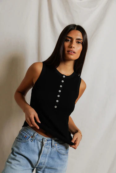 perfectwhitetee Loretta Luxe Rib Henley Tank - Black