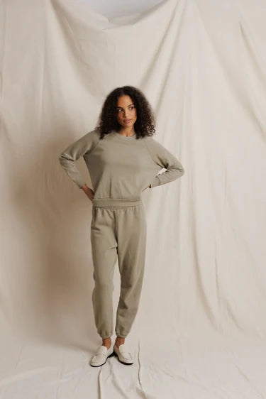 perfectwhitetee alexi french terry raglan crew sweatshirt - dark olive speckled