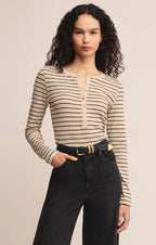 Z Supply Eve Stripe Henley - Light Oatmeal Heather