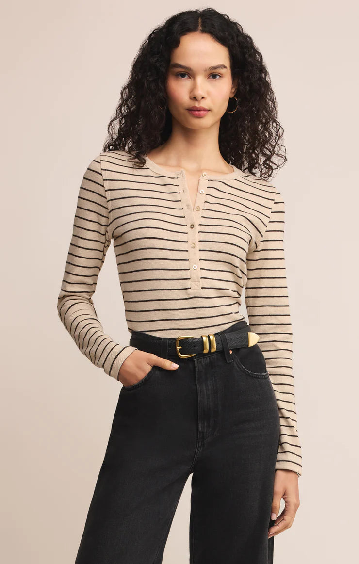 Z Supply Eve Stripe Henley - Light Oatmeal Heather
