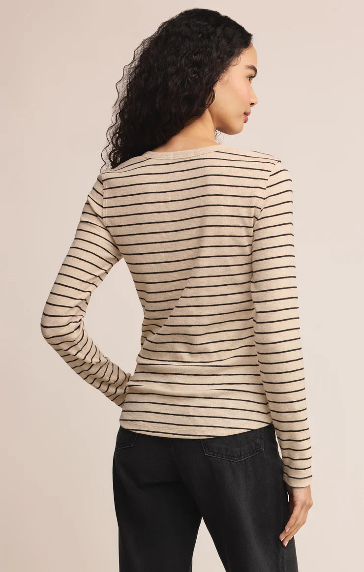 Z Supply Eve Stripe Henley - Light Oatmeal Heather