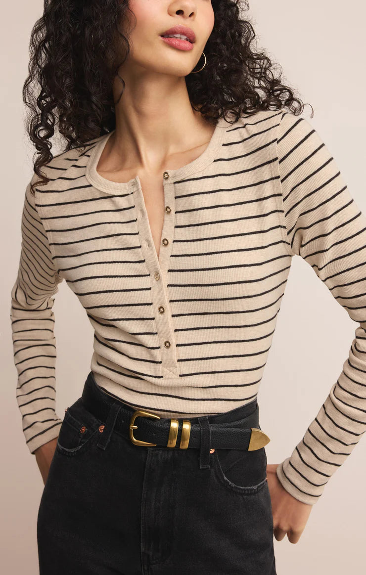 Z Supply Eve Stripe Henley - Light Oatmeal Heather