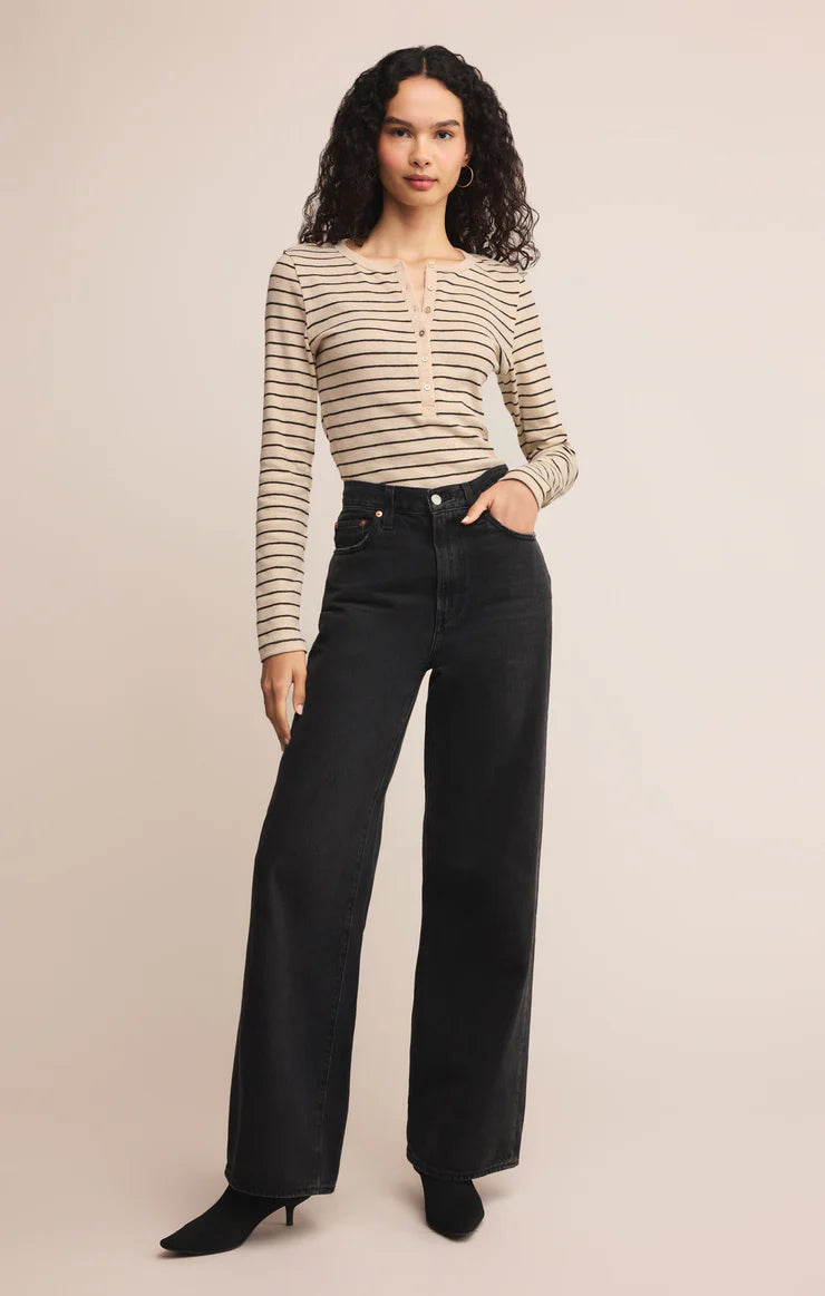Z Supply Eve Stripe Henley - Light Oatmeal Heather