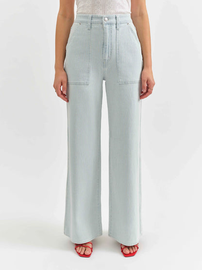 Daze Far Our Utility High Rise Wide Leg Jeans - Blue Bell Stripe