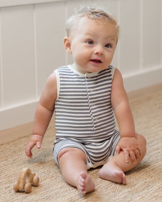 Quincy Mae - Ribbed Henley Romper - Ocean Stripe
