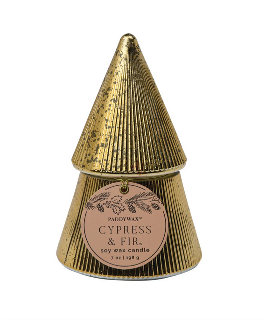 Paddywax Cypress & Fir 7oz Gold Ribbed Mercury Glass Stacked Tree Candle w/Lid