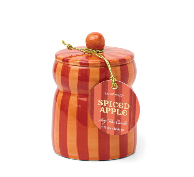 Paddywax Red/Coral Cabana Striped Candle w/Lid - Spiced Apple