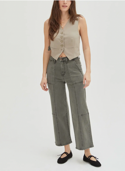 Oliver Logan - Lawson High Rise Relaxed Ankle Crop Jean, Olive Overdye