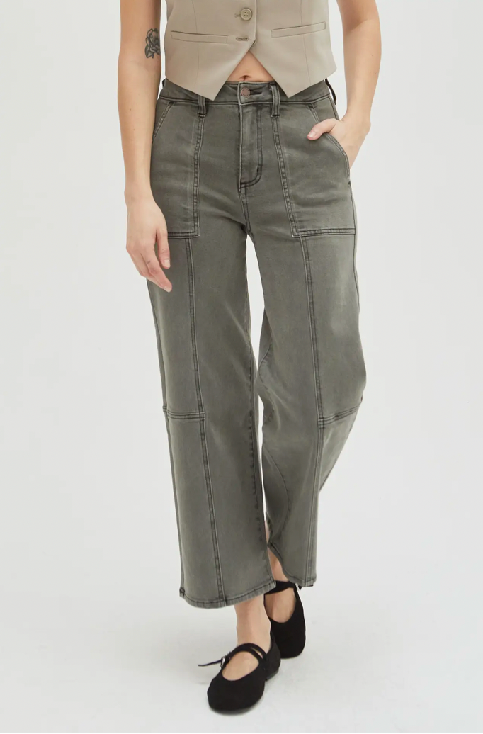 Oliver Logan - Lawson High Rise Relaxed Ankle Crop Jean, Olive Overdye