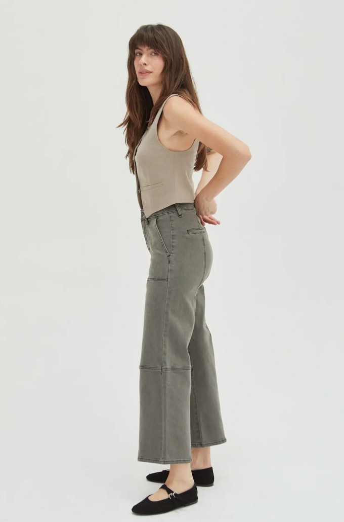 Oliver Logan - Lawson High Rise Relaxed Ankle Crop Jean, Olive Overdye