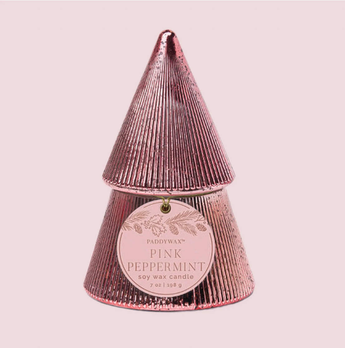 Paddywax Pink Peppermint 7oz Pink Ribbed Mercury Glass Stacked Tree Candle w/Lid