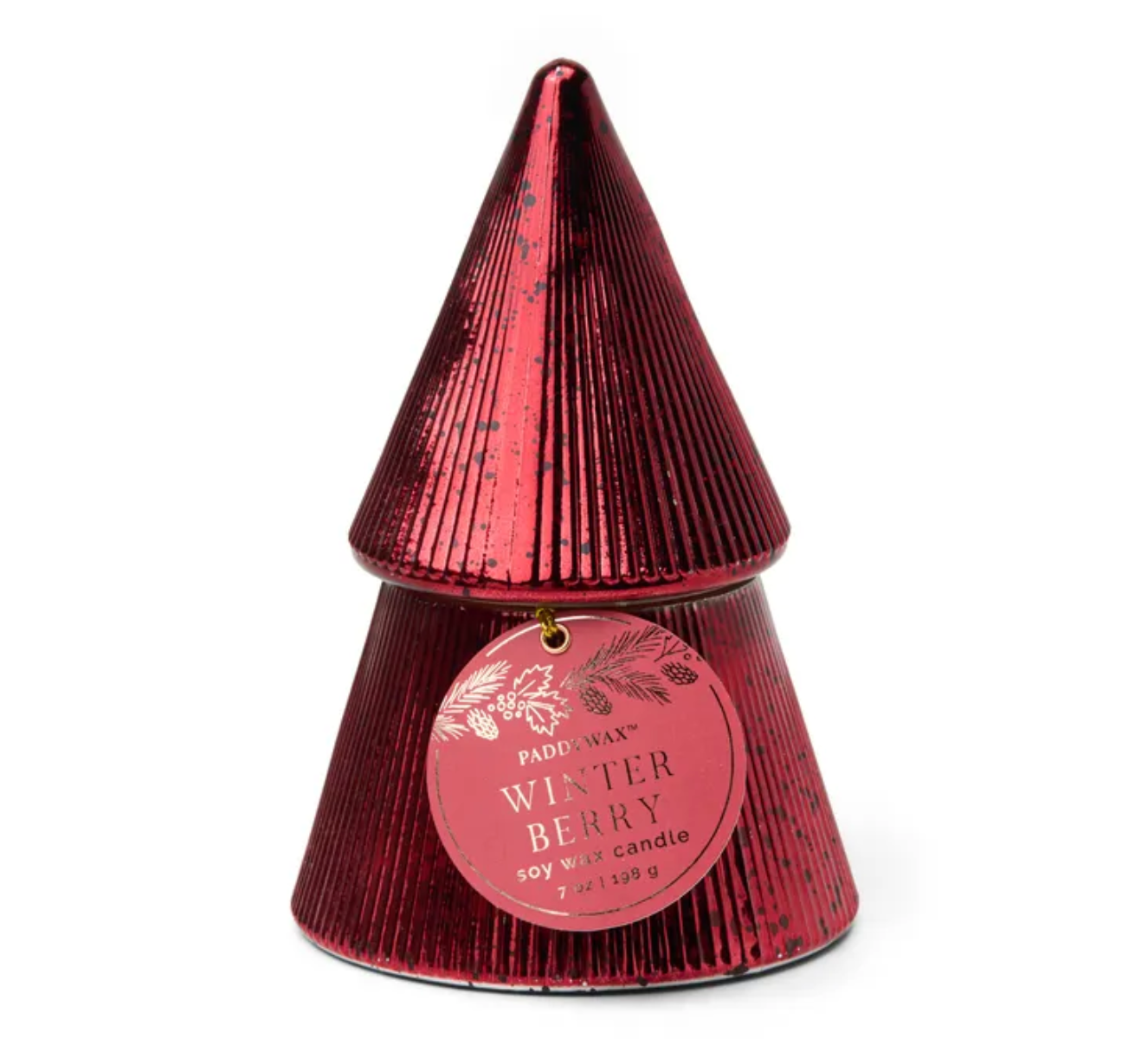 Paddywax Winter Berry 7oz Red Ribbed Mercury Glass Stacked Tree Candle w/Lid