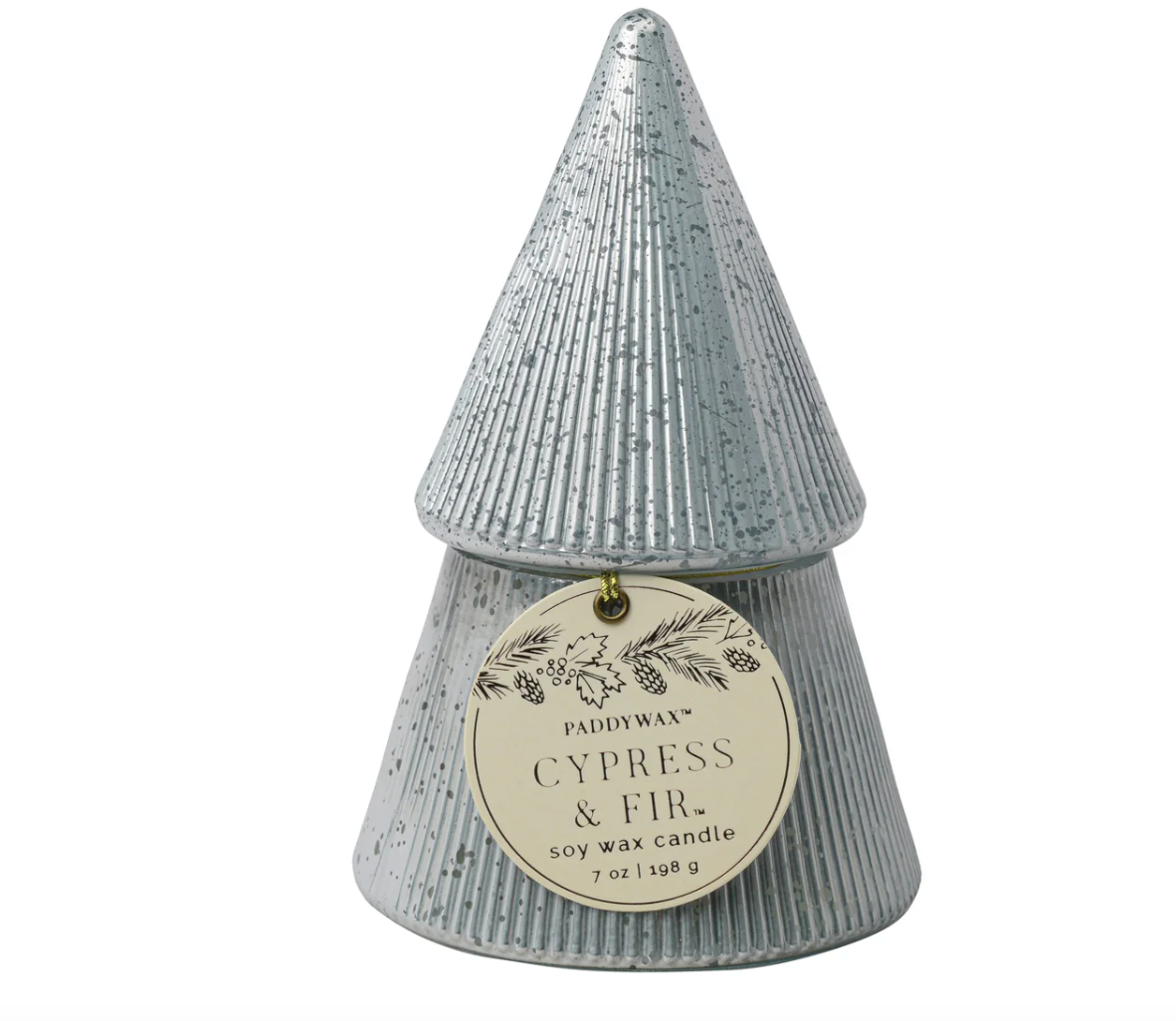 Paddywax Cypress & Fir 7oz Silver Ribbed Mercury Glass Stacked Tree Candle w/Lid
