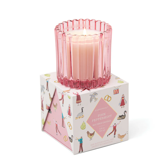 Paddywax Pink Tinted Glass Candle - in Holiday Merry Box - Pink Peppermint