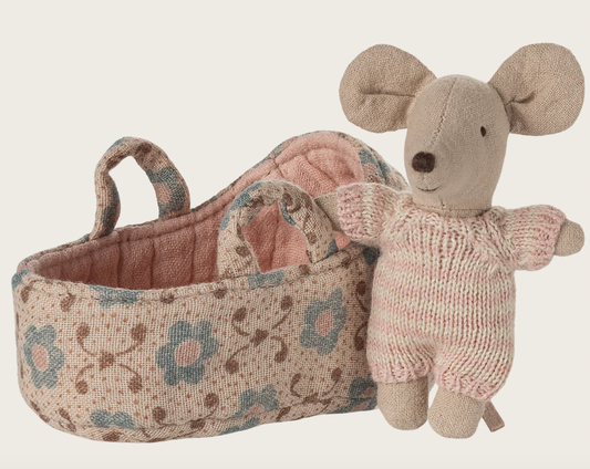 Maileg Baby Mouse in Carry Cot - Rose