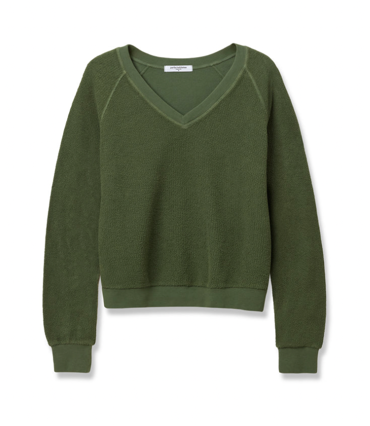 perfectwhitetee zuri reverse fleece v-neck raglan sweatshirt - fern green
