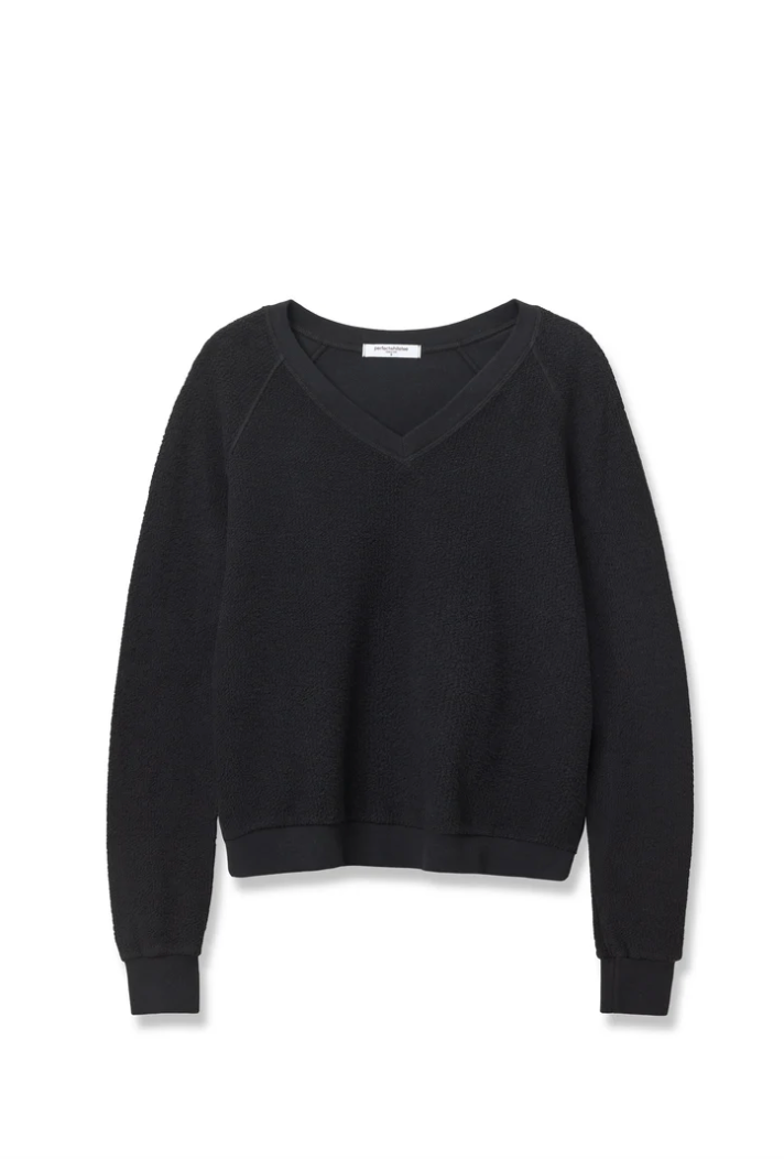 perfectwhitetee zuri reverse fleece v-neck raglan sweatshirt - black