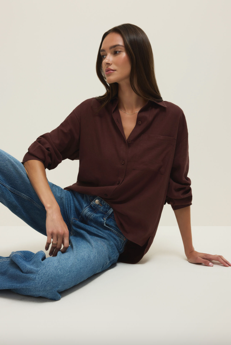 Z Supply Alfie Button Up Shirt - Chocolate Cherry
