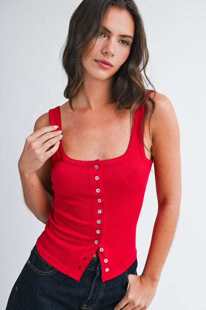 Sarah Pointelle Button Front Cami Tank - Multiple Color Options