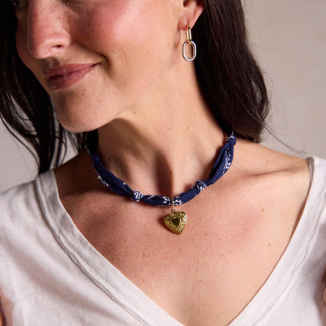 Nickel and Suede - Navy Bandana Necklace - Silver Heart Locket