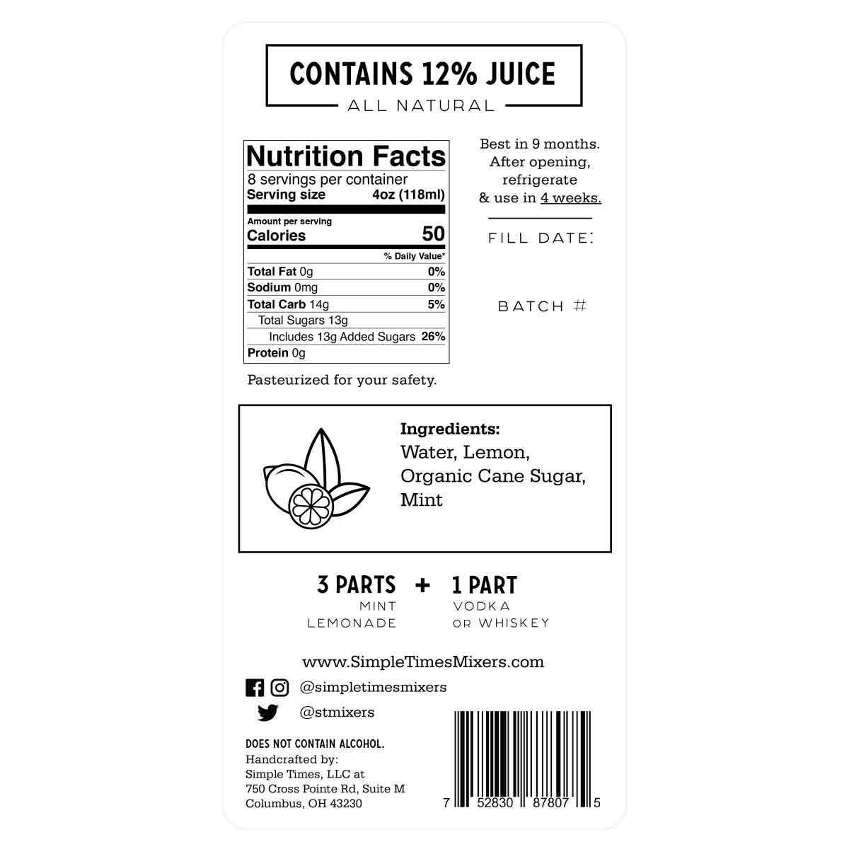 Simple Times Mixers - Mint Lemonade | All Natural Cocktail Mixer