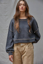 By Together - Knit Sweater Boat Neck Contrast Seam Pullover Top