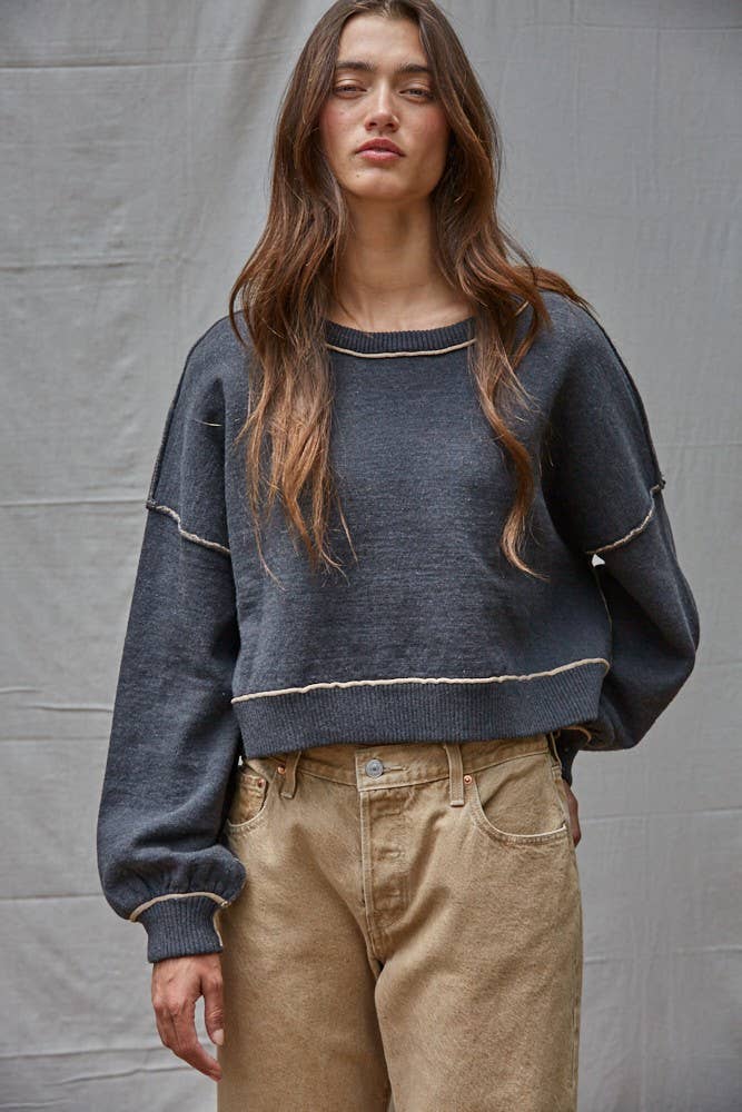 By Together - Knit Sweater Boat Neck Contrast Seam Pullover Top