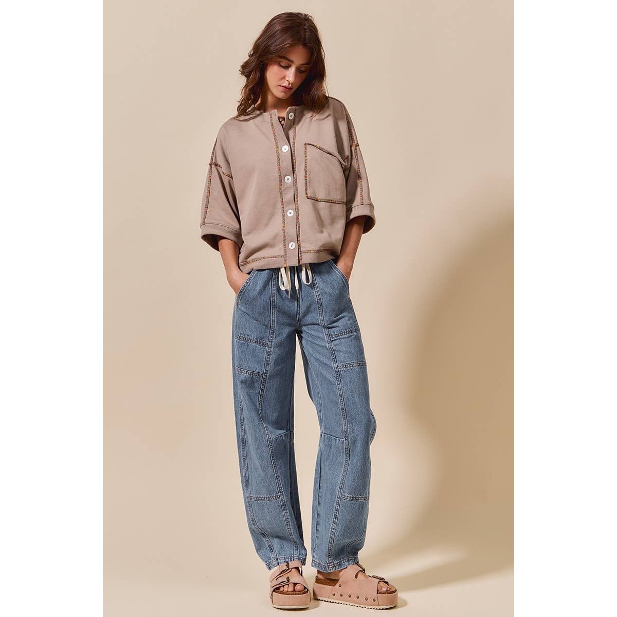 Callie Mid Rise Drawstring Barrel Denim Pants