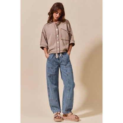 Callie Mid Rise Drawstring Barrel Denim Pants