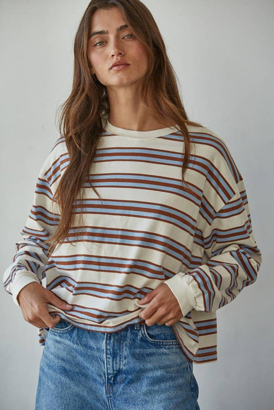 By Together - L8681 | Knit Cotton Multicolor Stripe Crew Neck Long Sleeve
