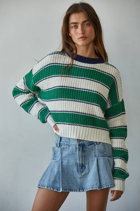 By Together - Knit Sweater Cotton Acrylic Striped Crew Pullover
