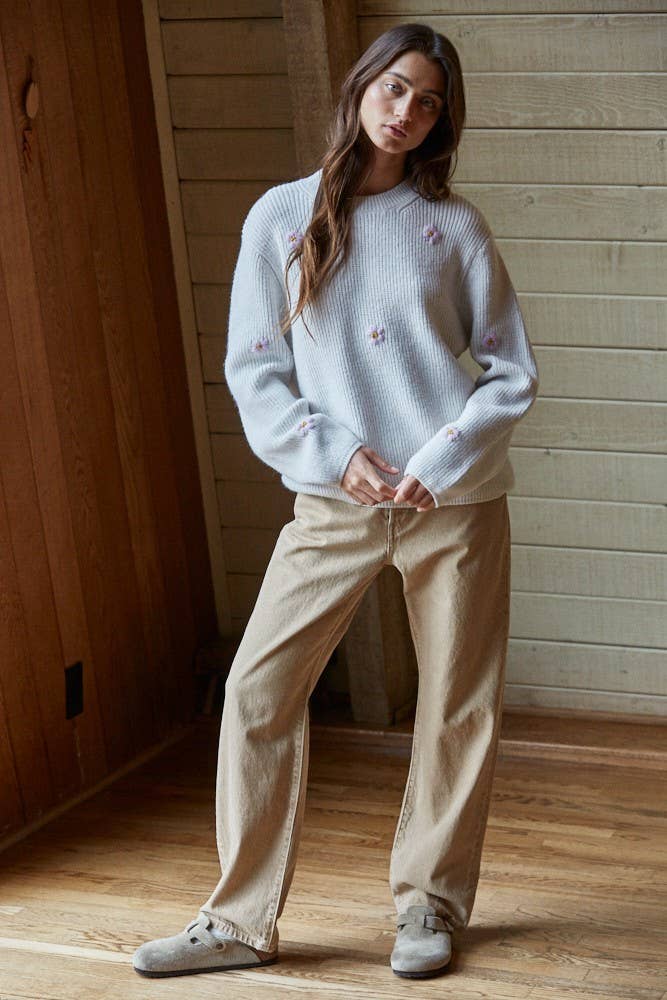 By Together - W2150 | Knit Sweater Ribbed Flower Embroidery Pullover Top