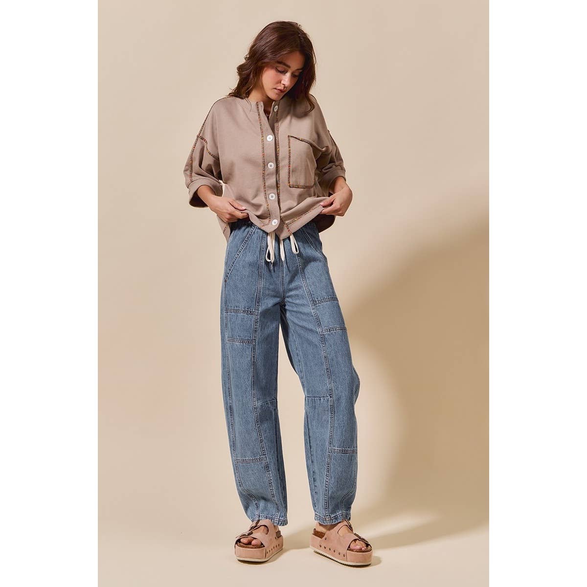 Callie Mid Rise Drawstring Barrel Denim Pants