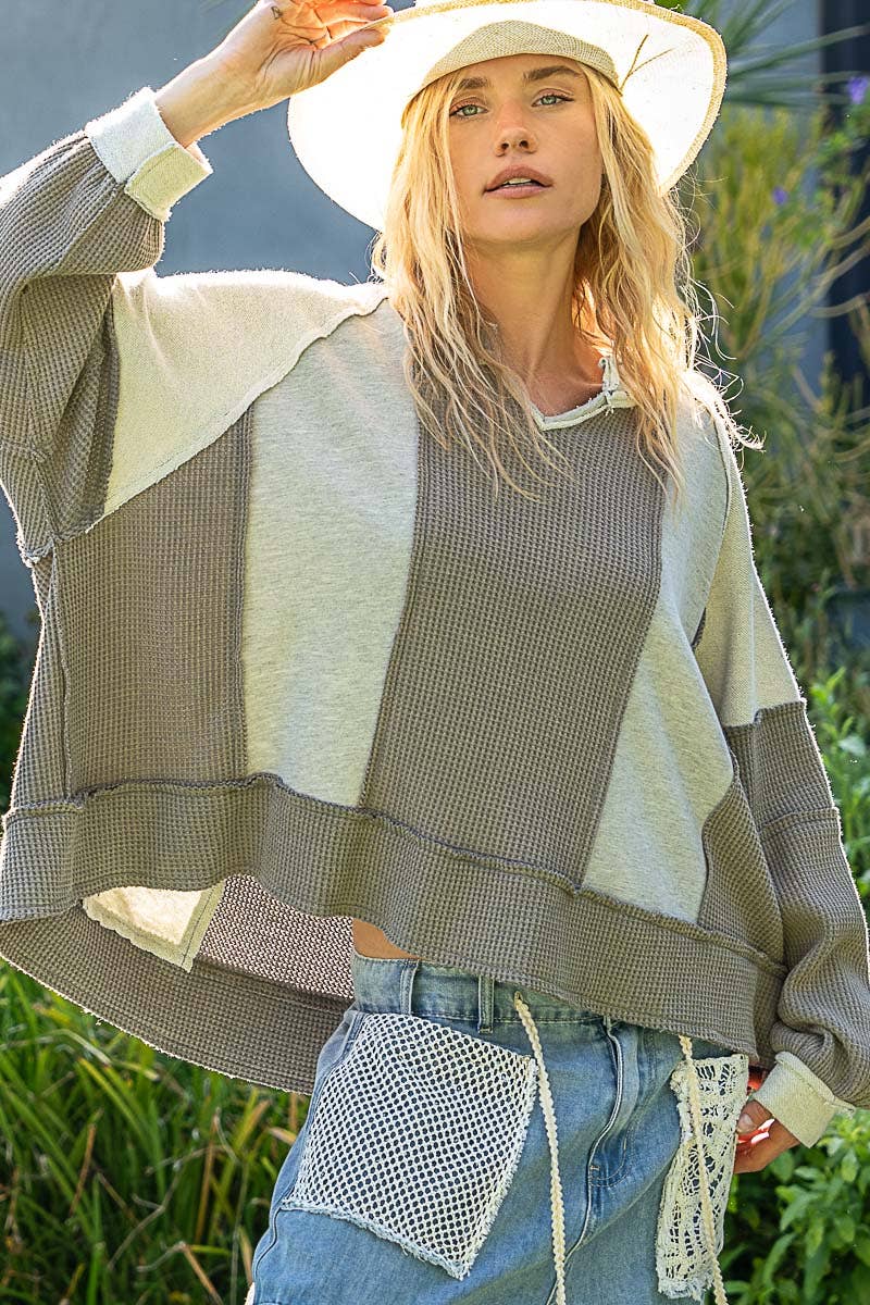 Pol Clothing - Contrast Fabric Top - Olive / Grey