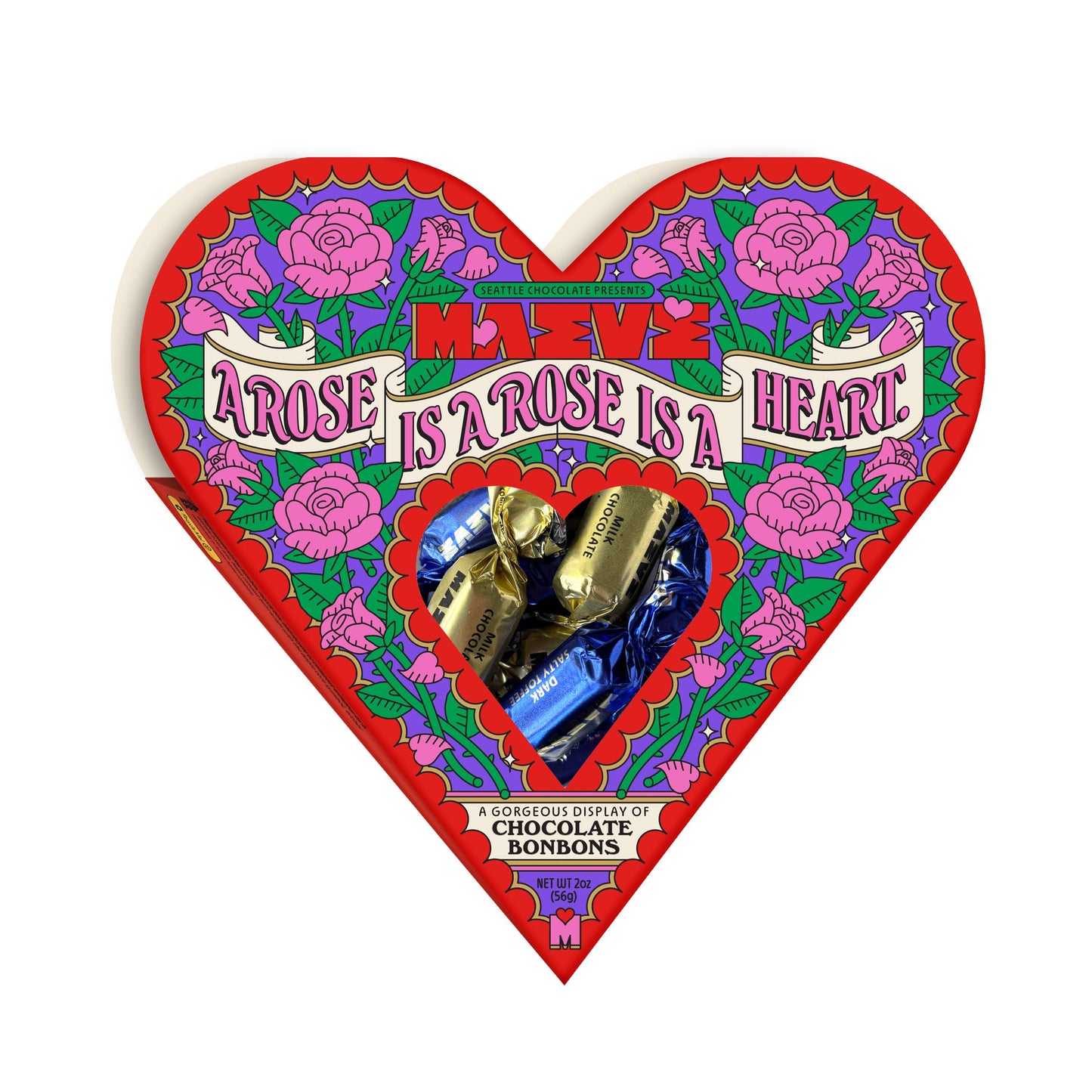 Seattle Chocolate Presents Maeve - NEW! Valentine's - A Rose is A Heart Bonbon Box - 2oz