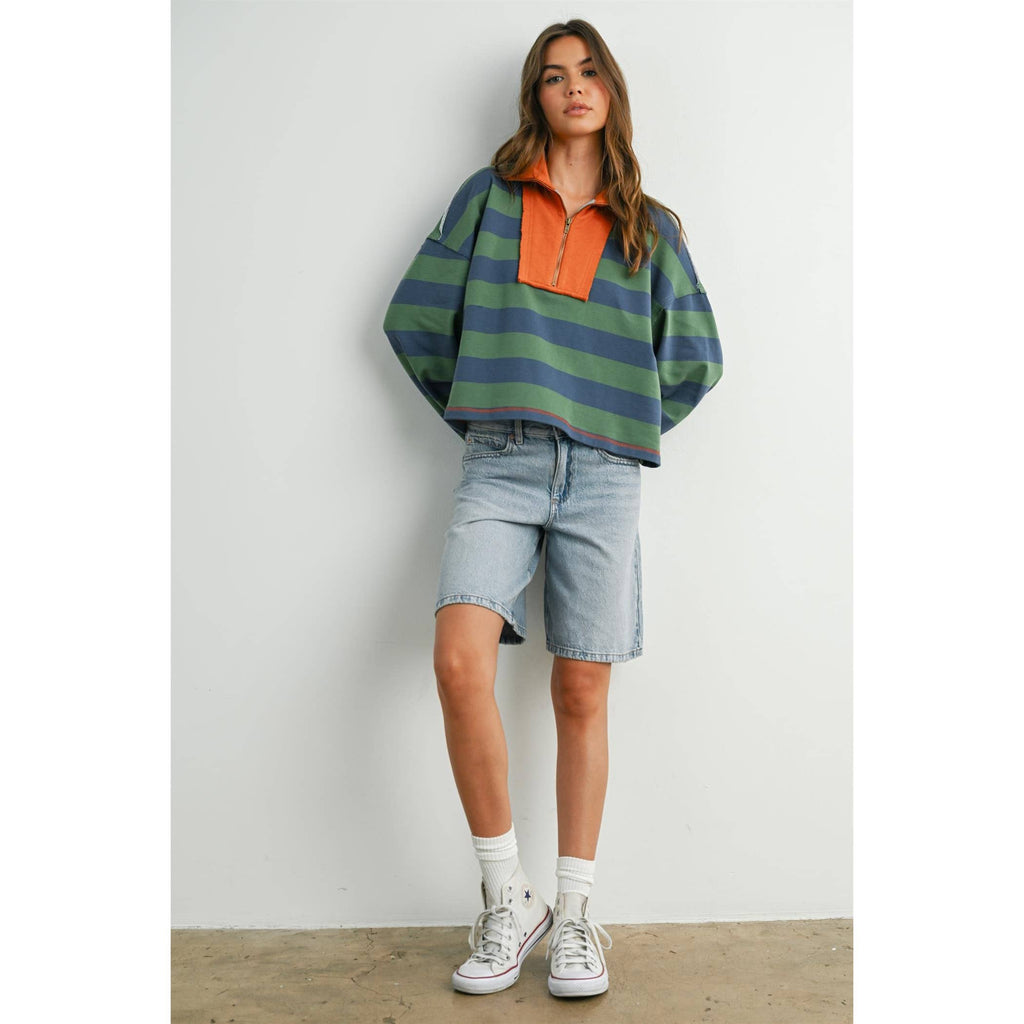 BUTTERMELON - Striped Quarter-Zip Contrast Sweatshirt