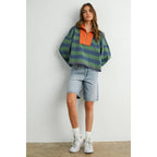 BUTTERMELON - Striped Quarter-Zip Contrast Sweatshirt
