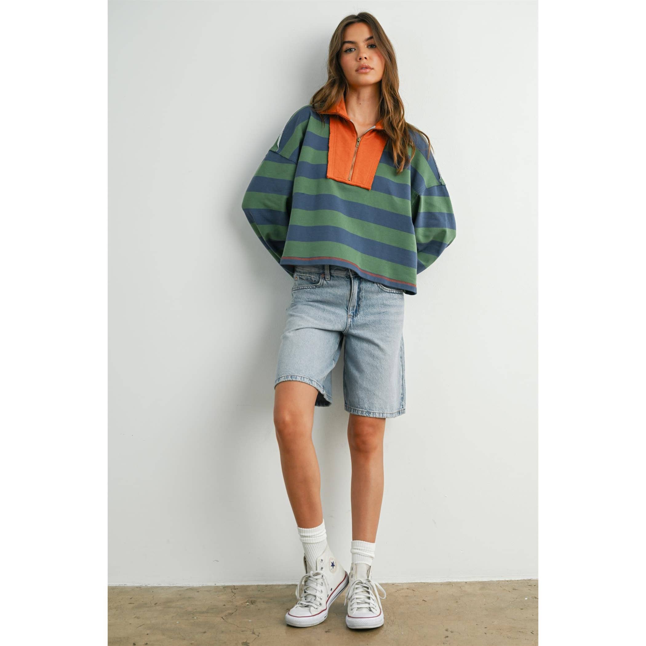 BUTTERMELON - Striped Quarter-Zip Contrast Sweatshirt