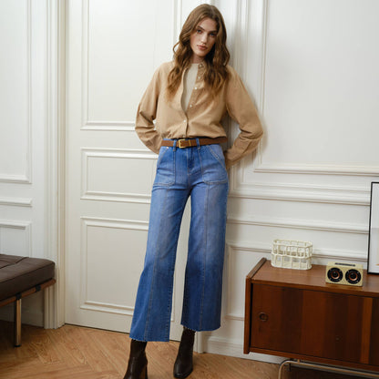 BAYEAS - HIGH RISE RELAXED STRAIGHT JEANS WITH RAW HEM